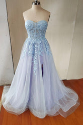 Blue Sweetheart Lace Tulle Long A-Line Prom Dress with Slit